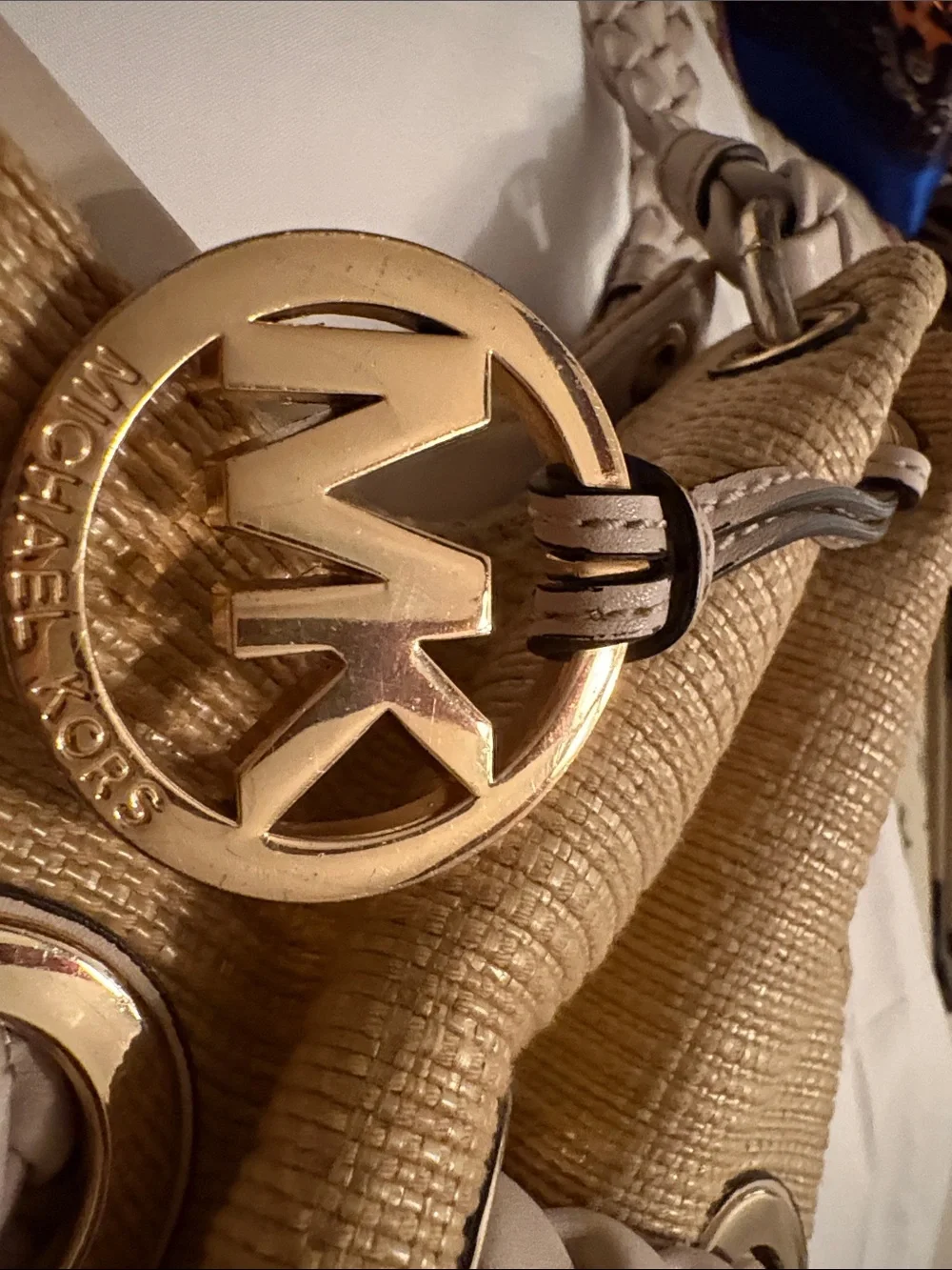 Michael Kors Gold Tote with Cream Braided Handles and Tassel Charm